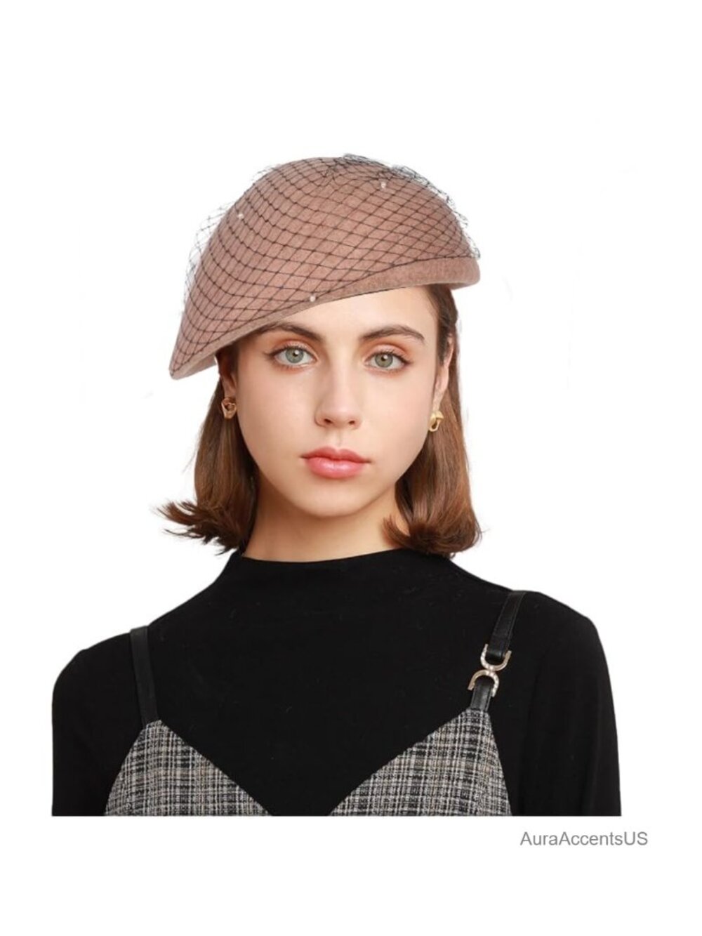 Wool French Beret Hat with Mesh Veil and Crystal Brooch, Classic Beanie